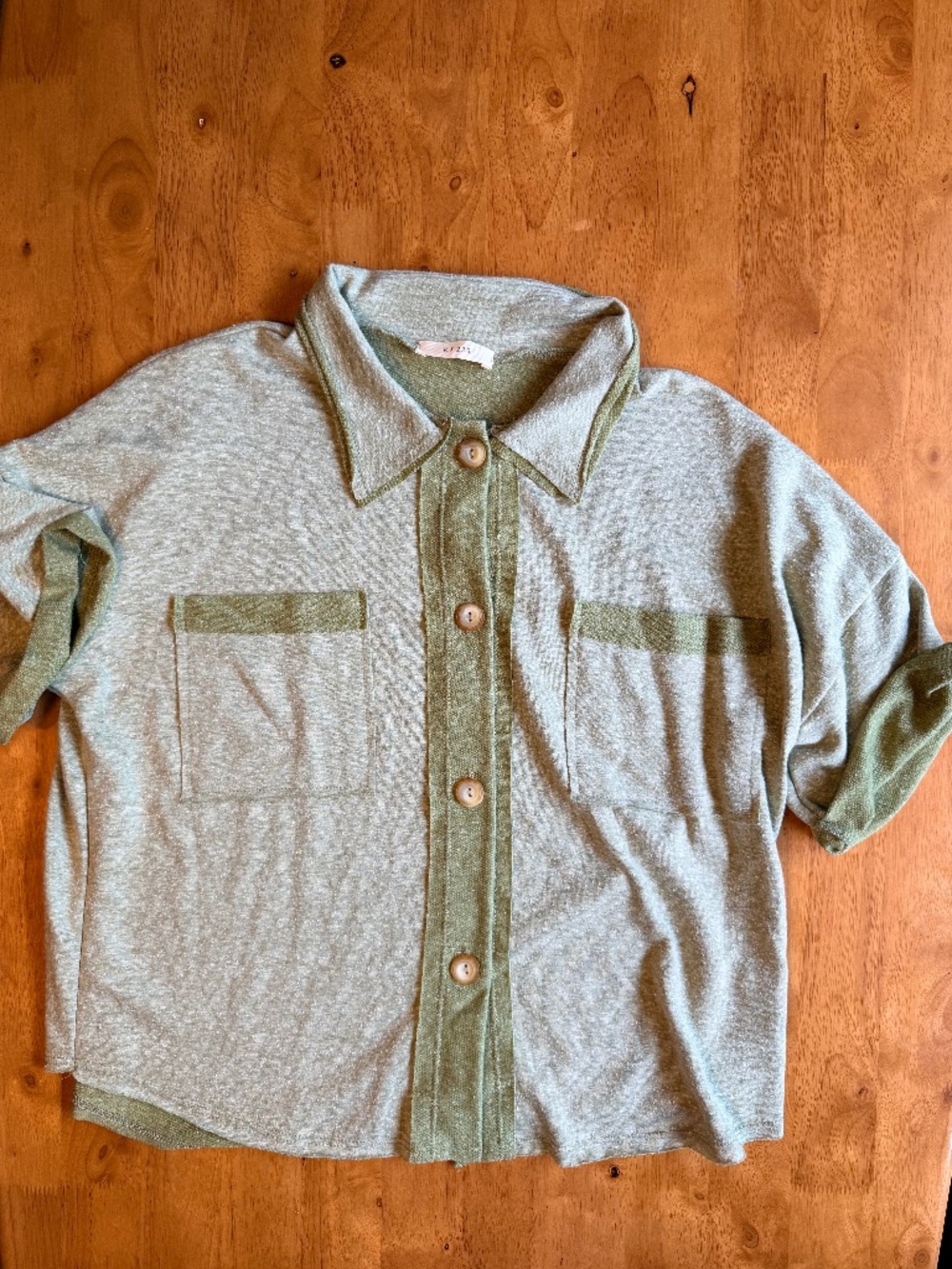 RJ 220 Women Sage Green Button Down Short Sleeve Knit Shirt